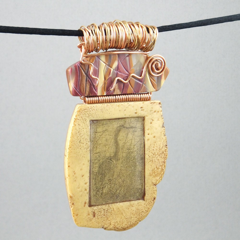 Handcrafted Pendant - Ivory Copper Hinged Egret Bird No. 106