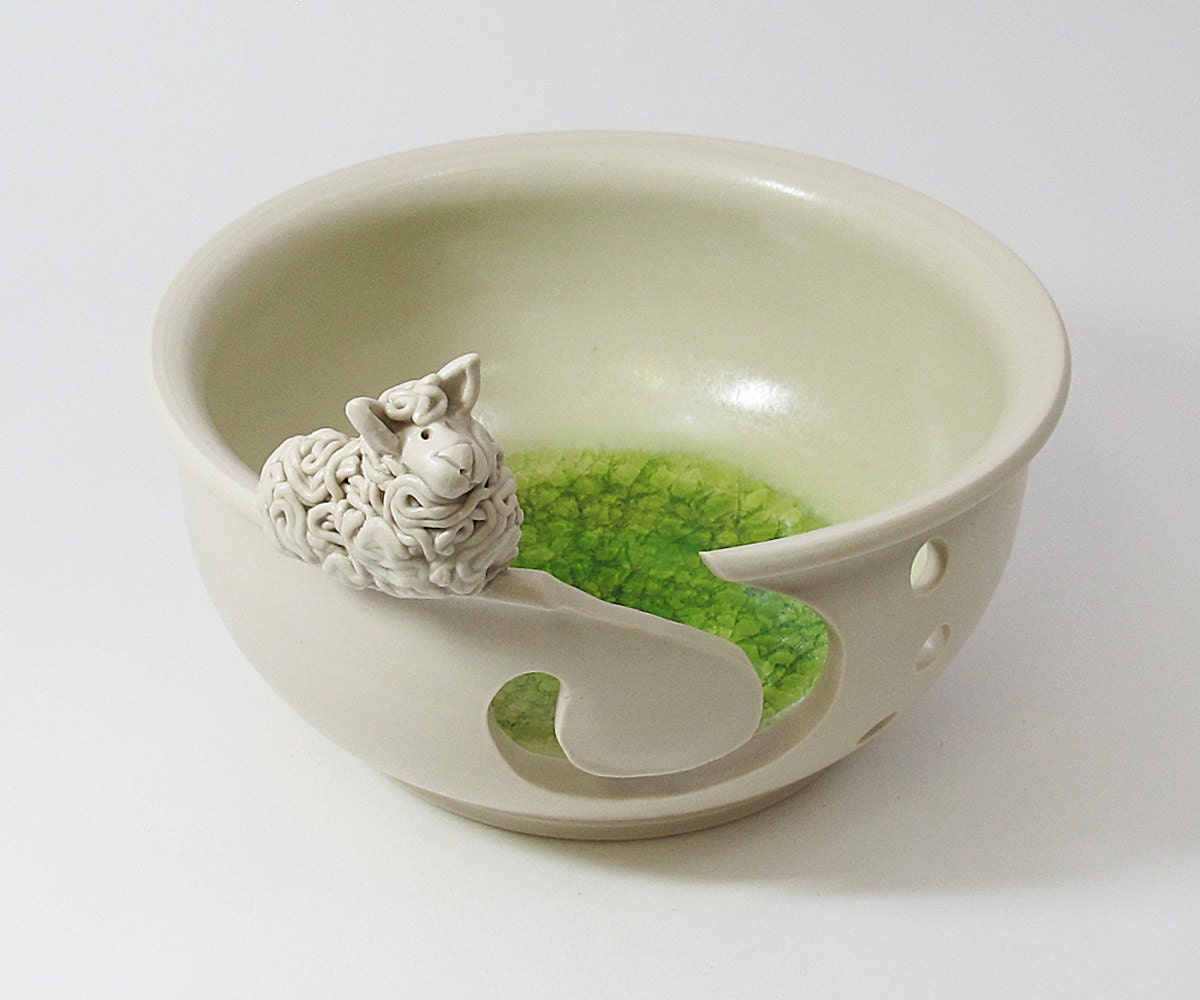 Yarn Bowl - A Sheep to Shear to Spin to Knit - with a green glass meadow