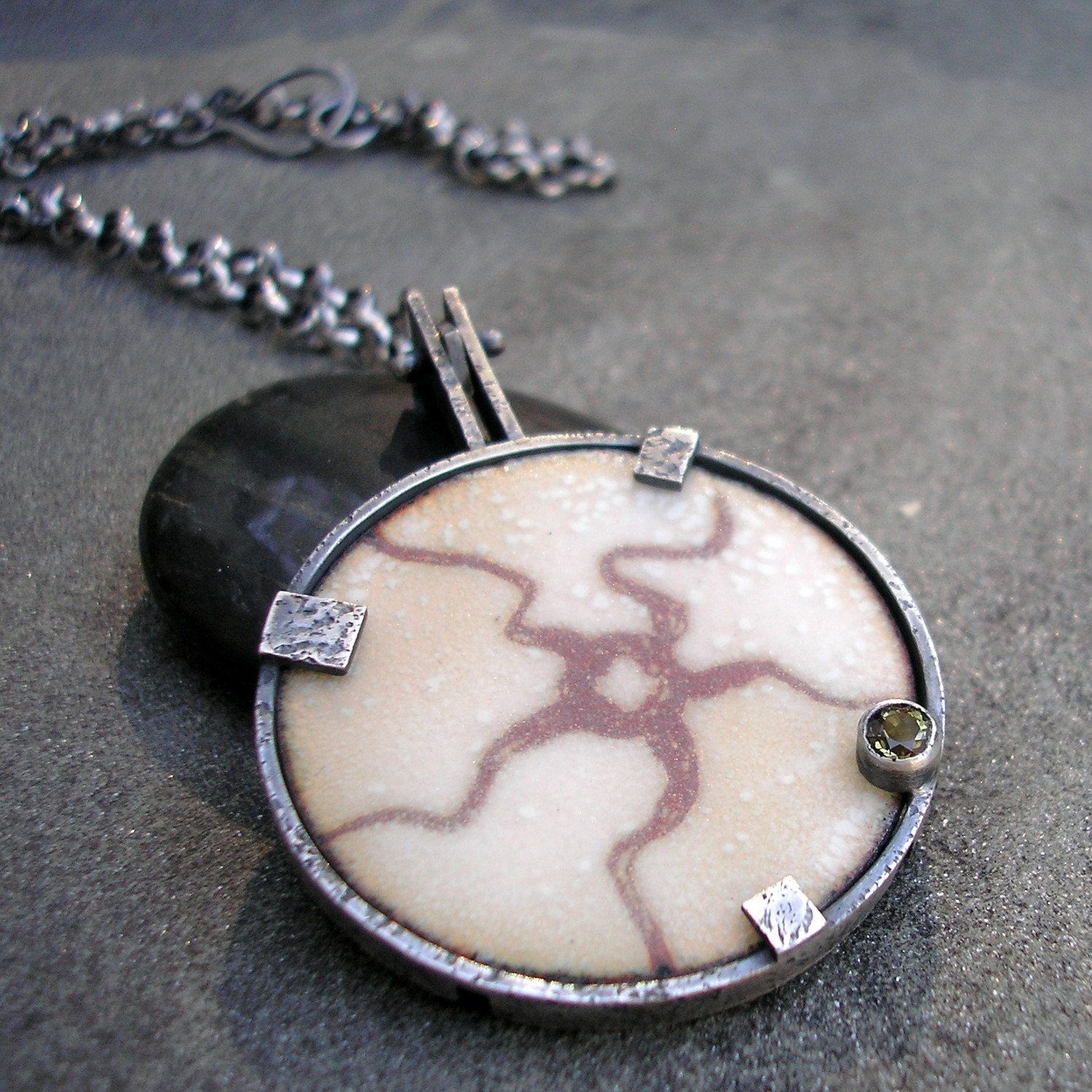 Enamel Necklace- A Fossil Starfish with Andalusite and Textured Sterling Silver