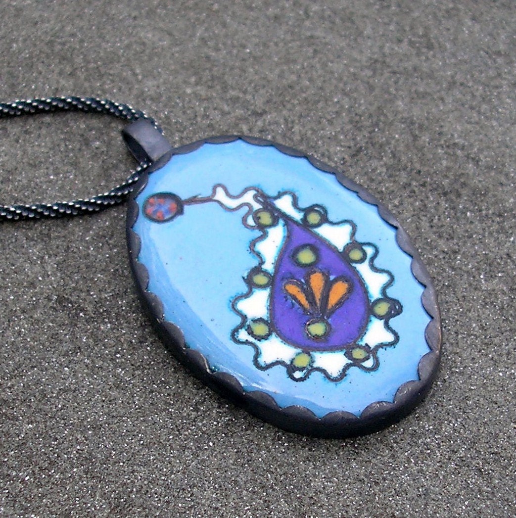 Enamel Paisley Necklace- Cloisonne Sky Blue, White, Orange, Cobalt Blue Enamel and Sterling Silver