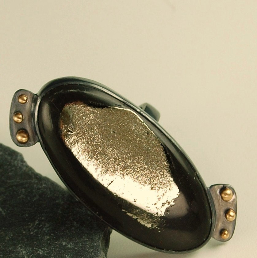 Fossil Ring- Black and Gold Russian Simbersite with Sterling Silver and 18 KT Gold, US size 6.5