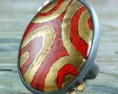 Enamel Ring.  Red and 24 Kt Gold Enamel, Sterling Silver, 18 KT Gold.  US size 6