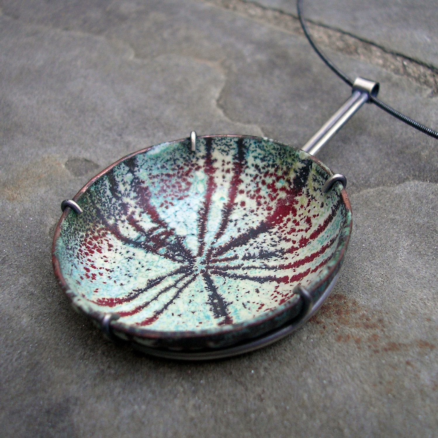 Blue Enamel Pendant- Teal, Mint Green, and Maroon Red Enamel and Sterling Silver.  Sgraffito