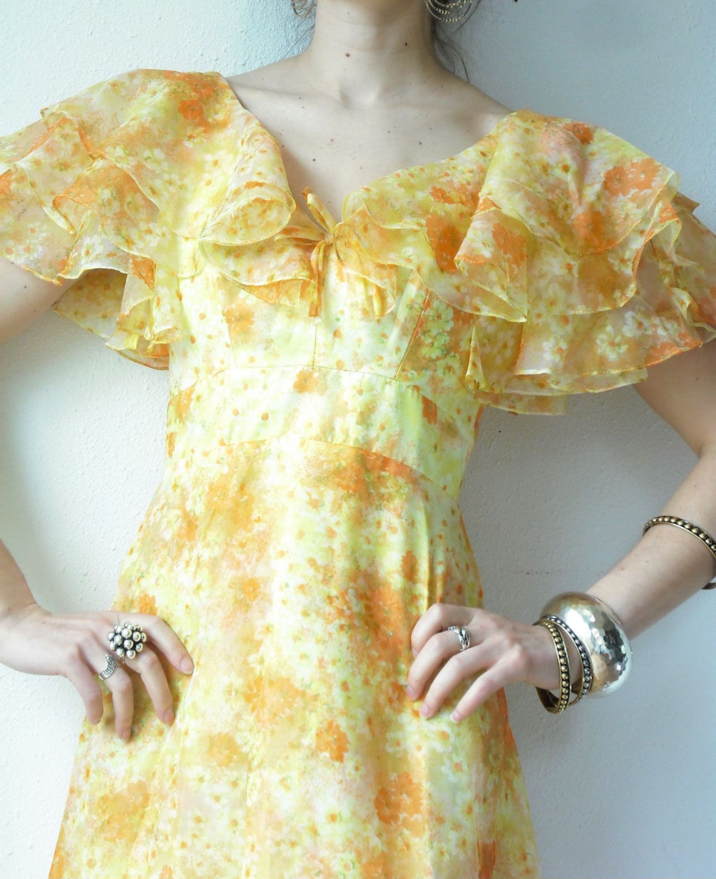 Vintage 60's CITRUS SUNSHINE Floral Ruffle Chiffon Flowy Long Party Gown Maxi Dress