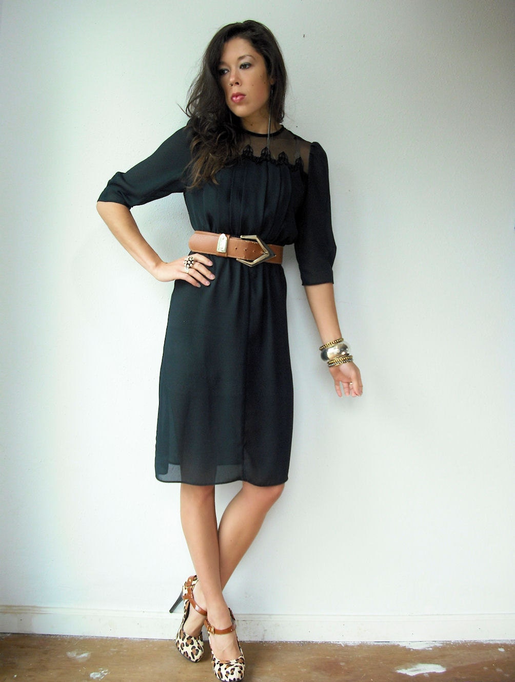 Vintage 80's Semi Sheer Black Pleated Bust Sheer Crochet Neckline Midi Dress