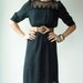 Vintage 80's Semi Sheer Black Pleated Bust Sheer Crochet Neckline Midi Dress