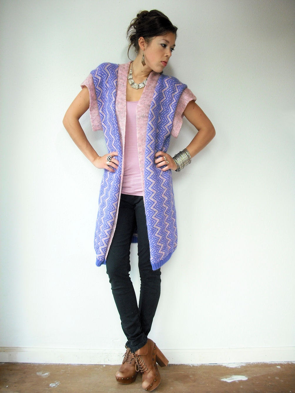 Vintage 70's Lavender and Blush Pink Draped Knit Zig Zag Cardigan Gilet Sweater Jacket