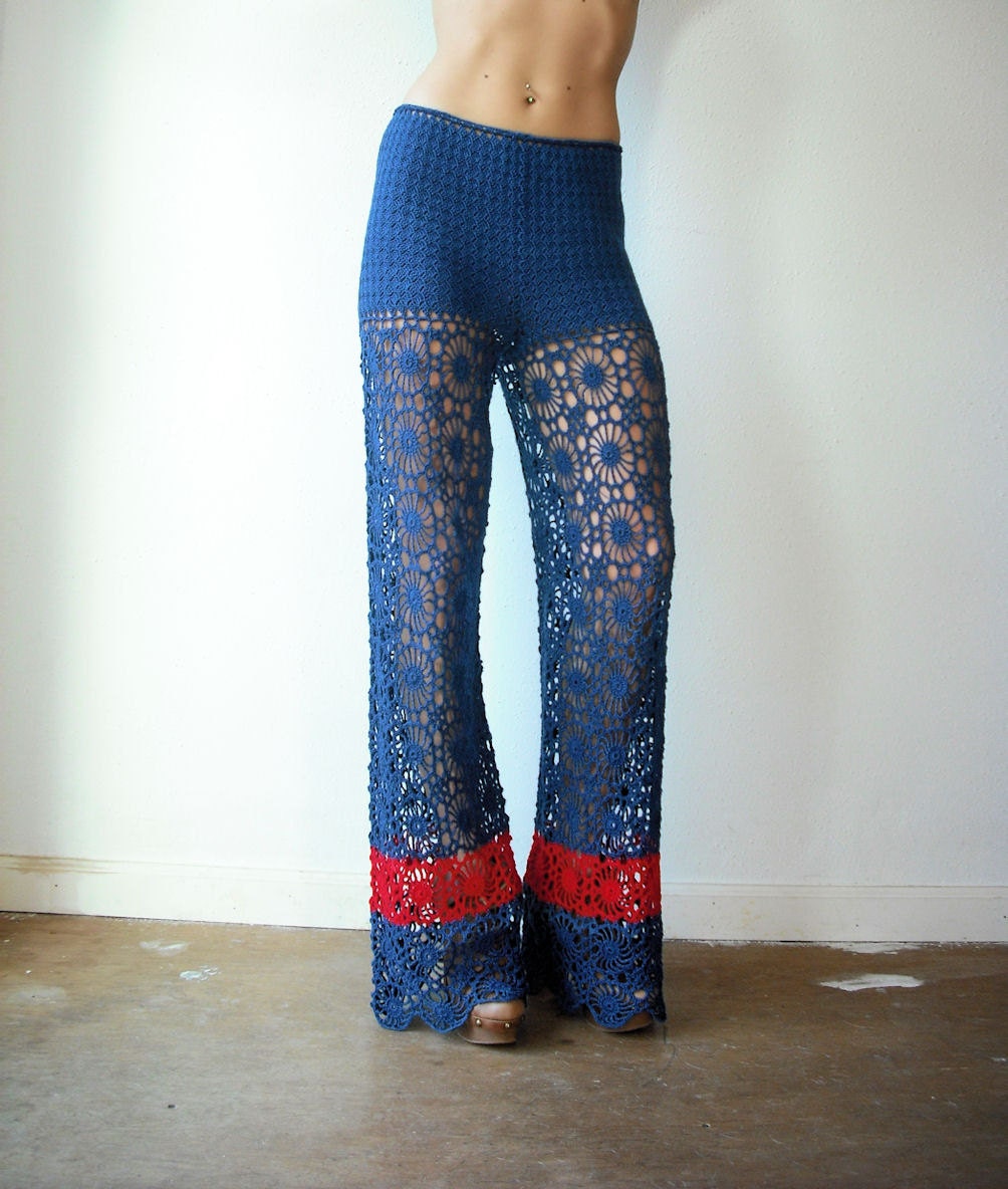 r e s e r v e d....Rare 70's Sheer Vintage Navy Blue and Red CROCHET Bell Bottom High Waist Pants