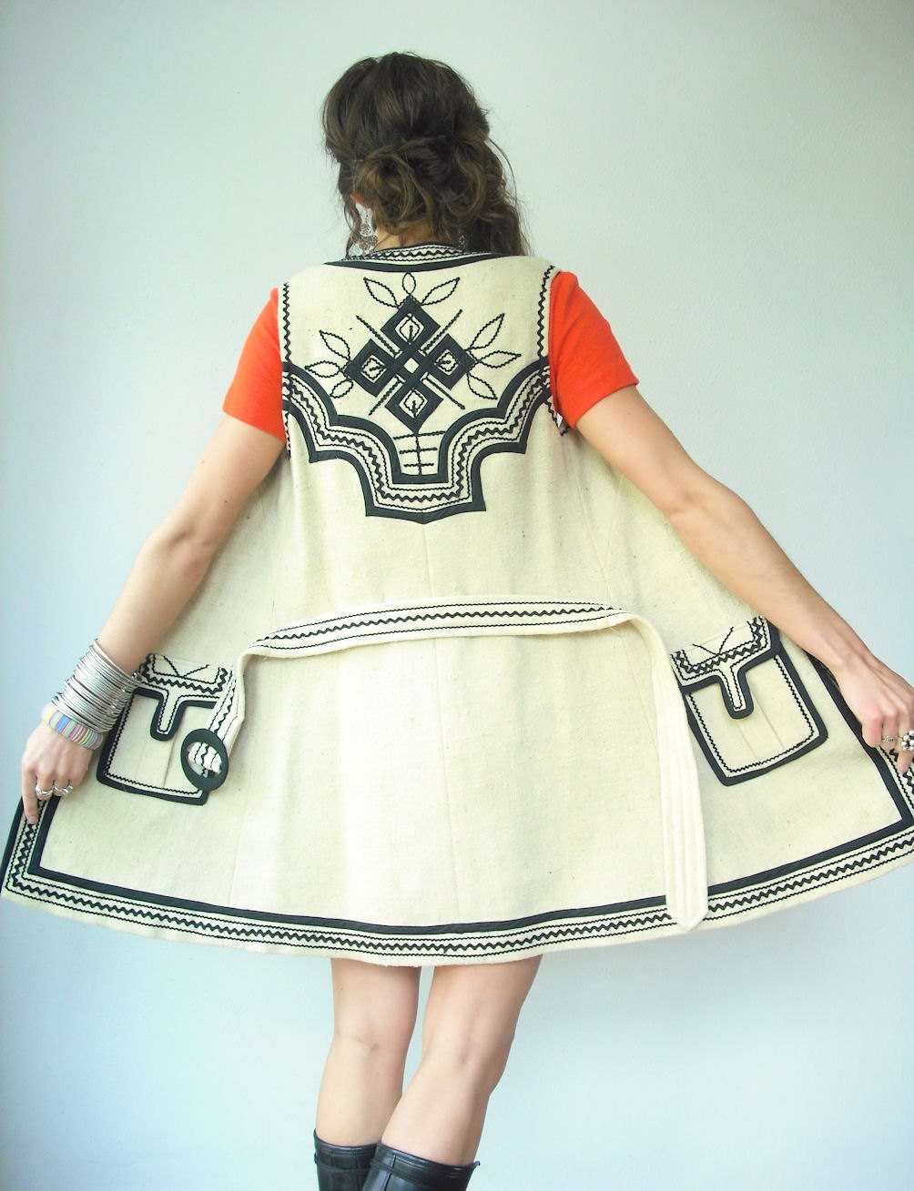 Vintage Wool Oatmeal Tan and Black Embroidered Soutache Ethnic Tribal Dress Vest with Waist Belt