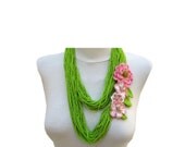 Cotton Crochet Lariat Necklace/Scarf with  Pink, White  Flowers