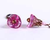Hot pink trumpet bell flower and antique copper leverback earrings (282) - Flat rate shipping