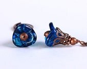 Capri blue trumpet bell flower and antique copper leverback earrings (281) - Flat rate shipping