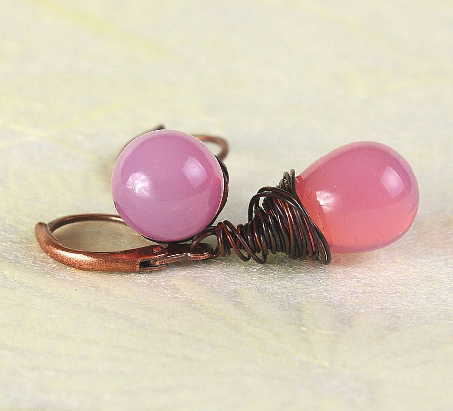 Milky pink Czech briolette, antique copper leverback earrings (378) - Flat rate shipping