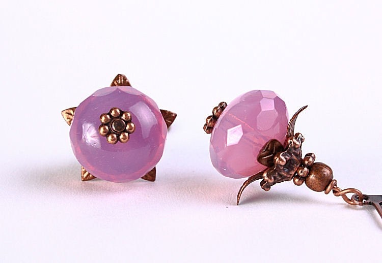 Milky rose Czech glass rondelle and antique copper leverback earrings READY to ship (241) - Flat rate shipping