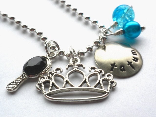 Hand Stamped Charm Necklace FIT FOR A PRINCESS Personalized Jewelry in Aqua