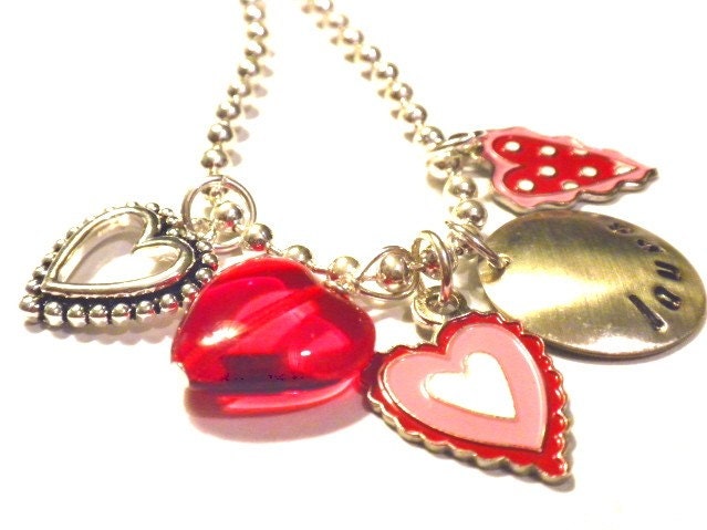 Custom Hand Stamped RED HEARTS Personalized Charm Necklace