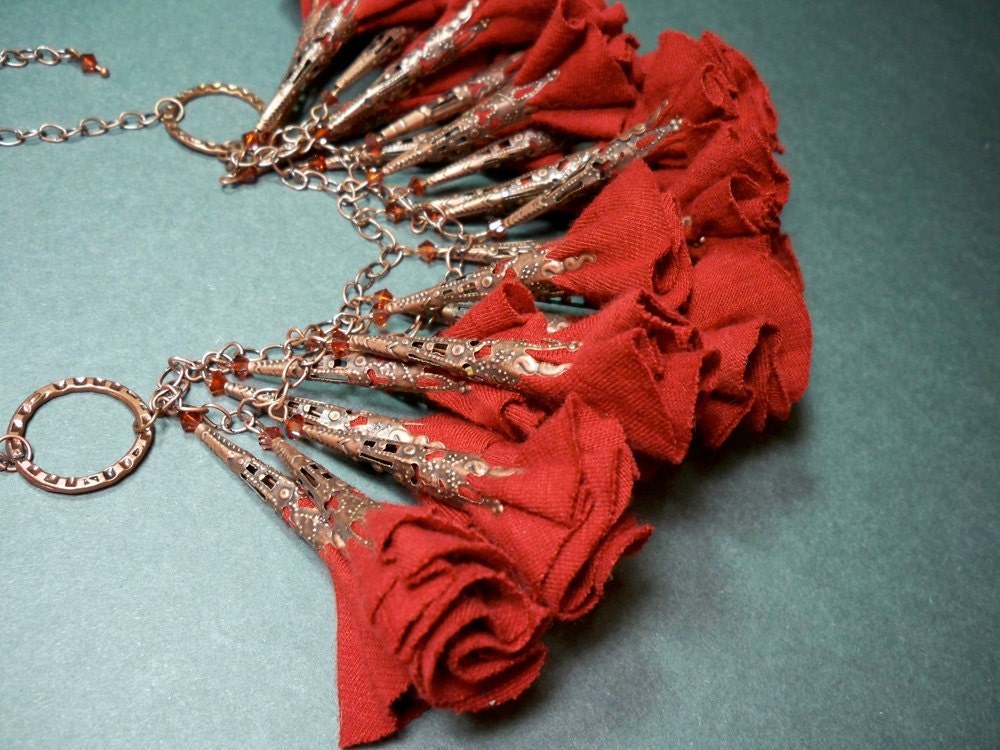 Rusted Romance Fabric Flower and Copper Necklace