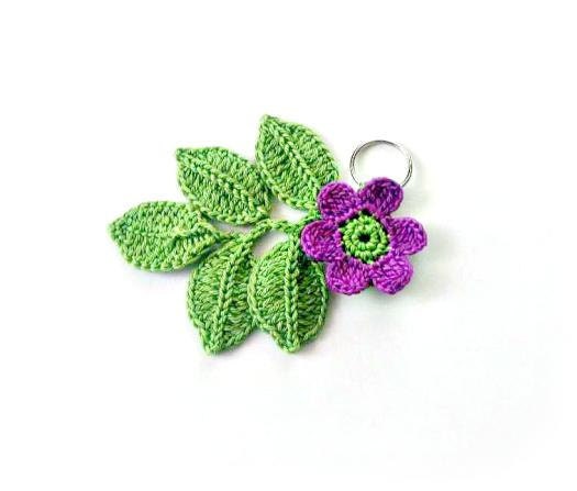 Keychain, Floral, Crochet, Green, Purple, Gift, Spring, Handmade, Romantic,