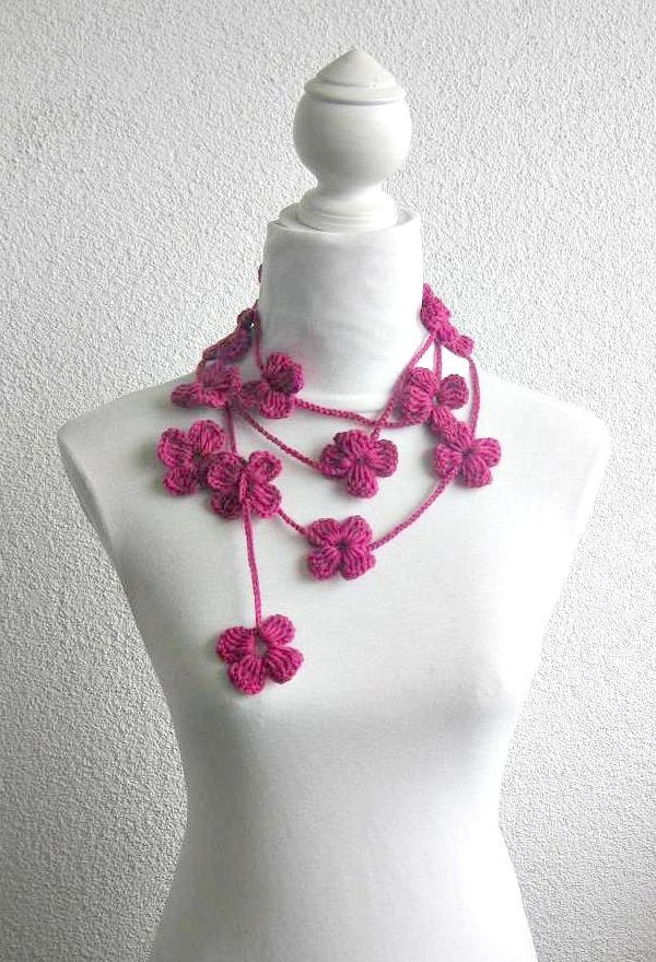 Crochet Lariat,  Scarf, Flower Laria,t Scarf Long Necklace Holiday Accessories, Magenta, Pink,   Harvest, Spring, Summer,