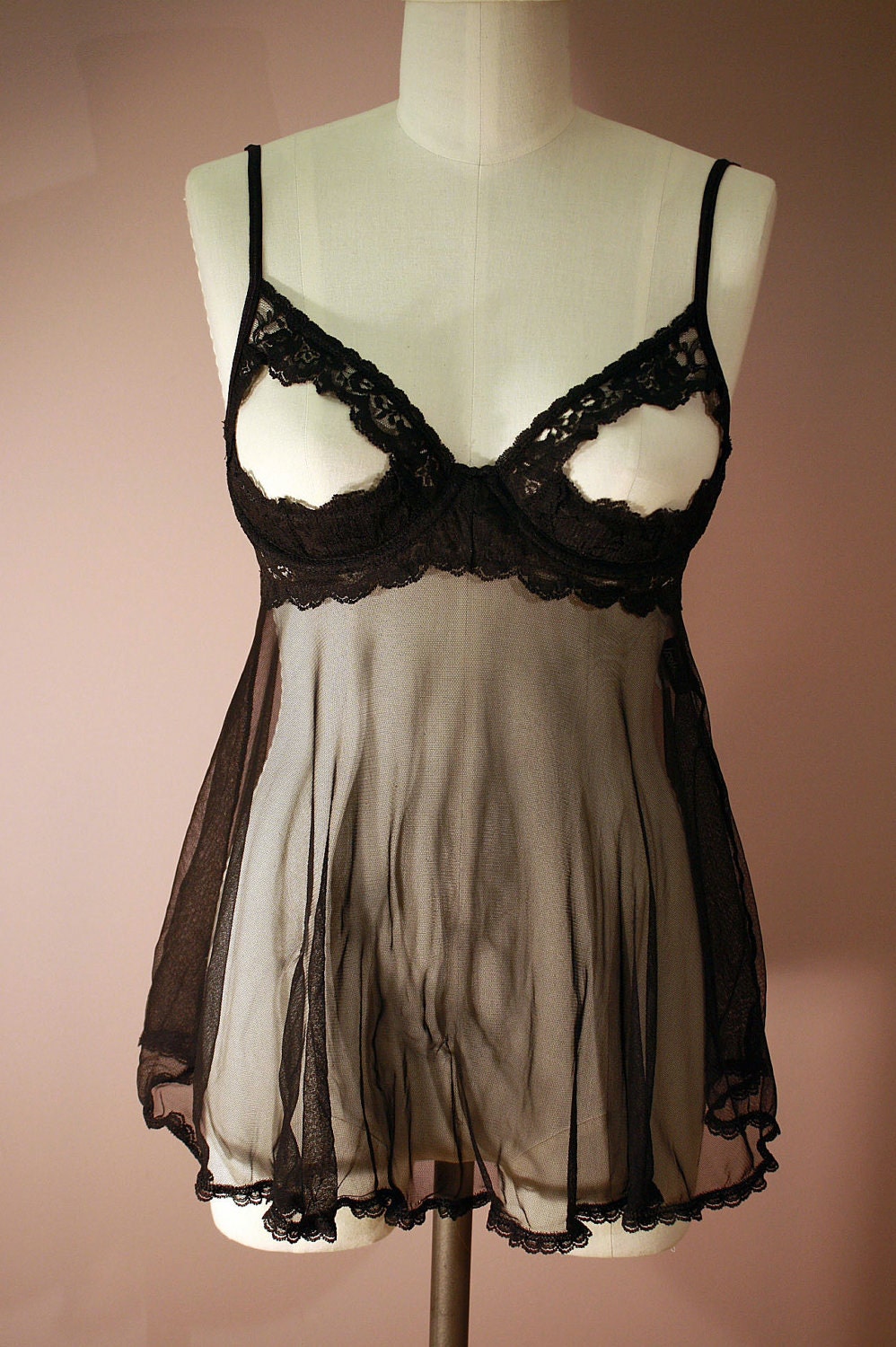 80s Babydoll Nightie: Black Cupless Gown Frederick's of Hollywood M L