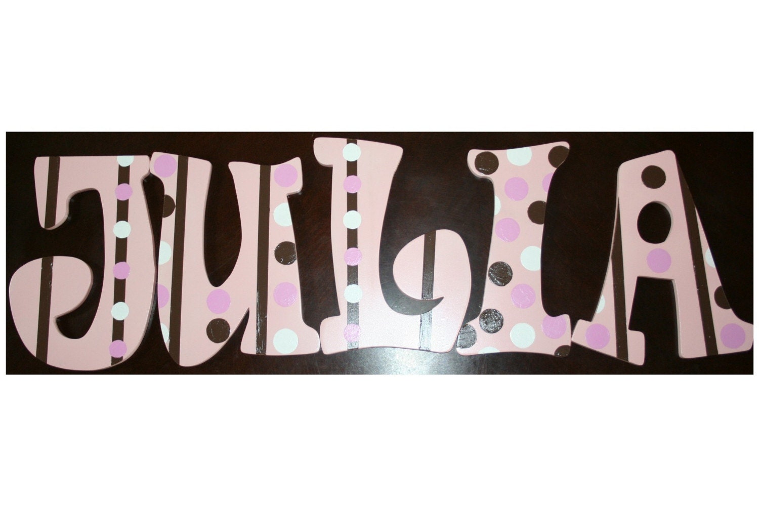 Wall Letters Hand Painted in Pink with Brown, White, Pink Polka Dots and Stripes- Matching Nail Covers Available