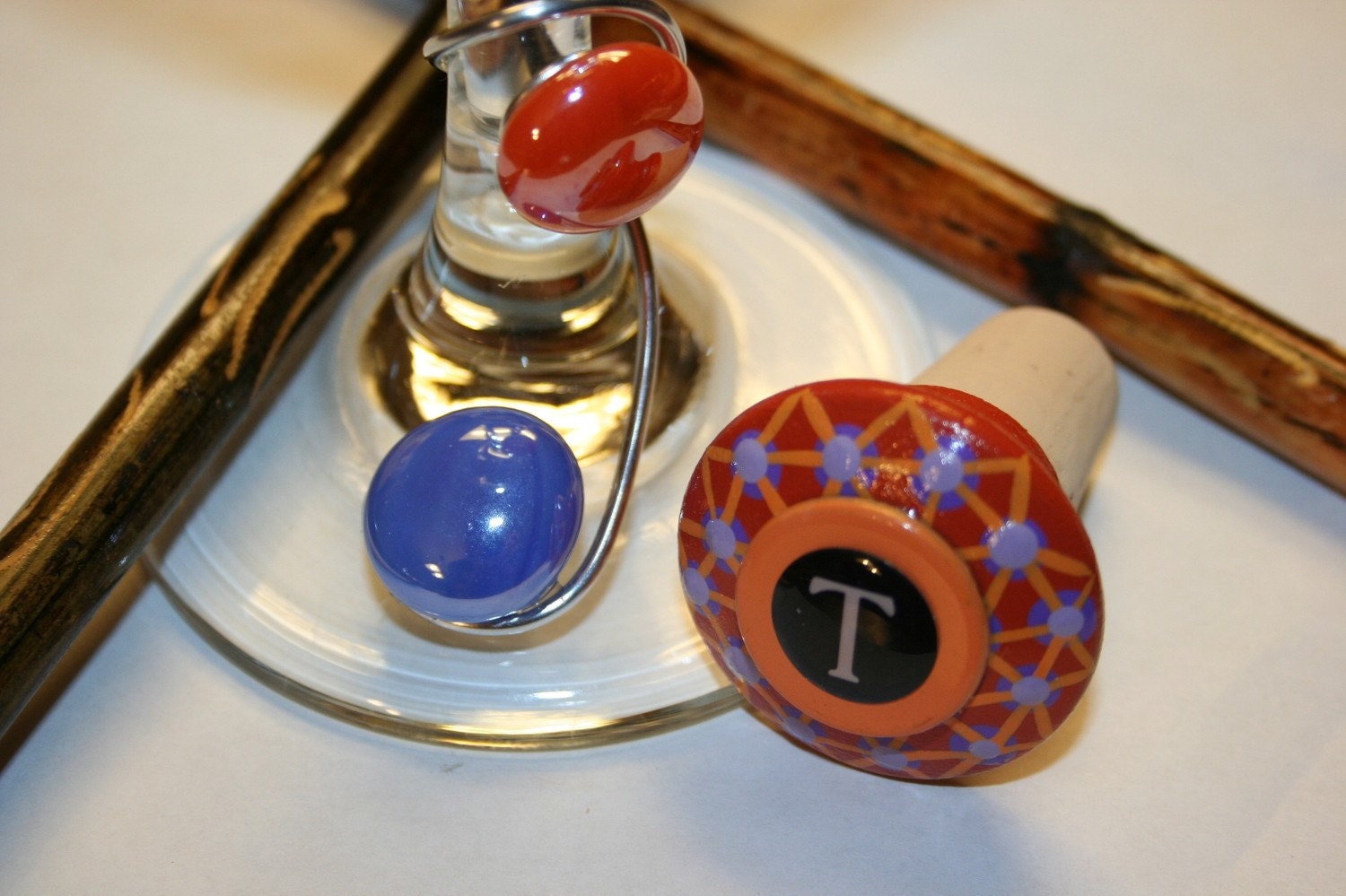 Orange and Purple Criss Cross Wine or Bottle Stopper Paired With Matching Wine Charm-You choose letter