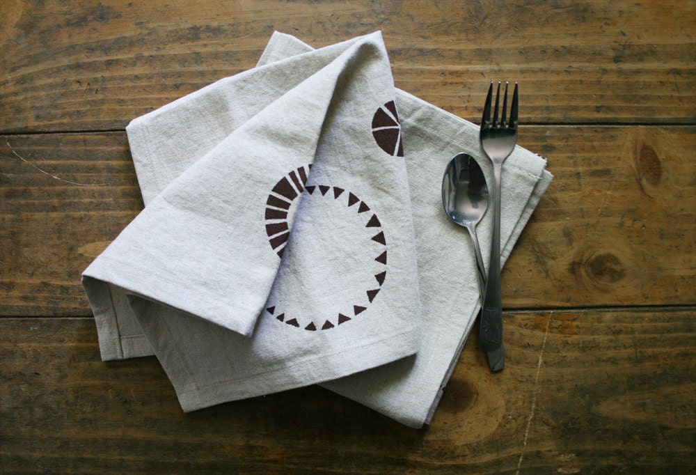 Hand Printed Napkin - Set of 4 - Brown on Natural Linen and Cotton