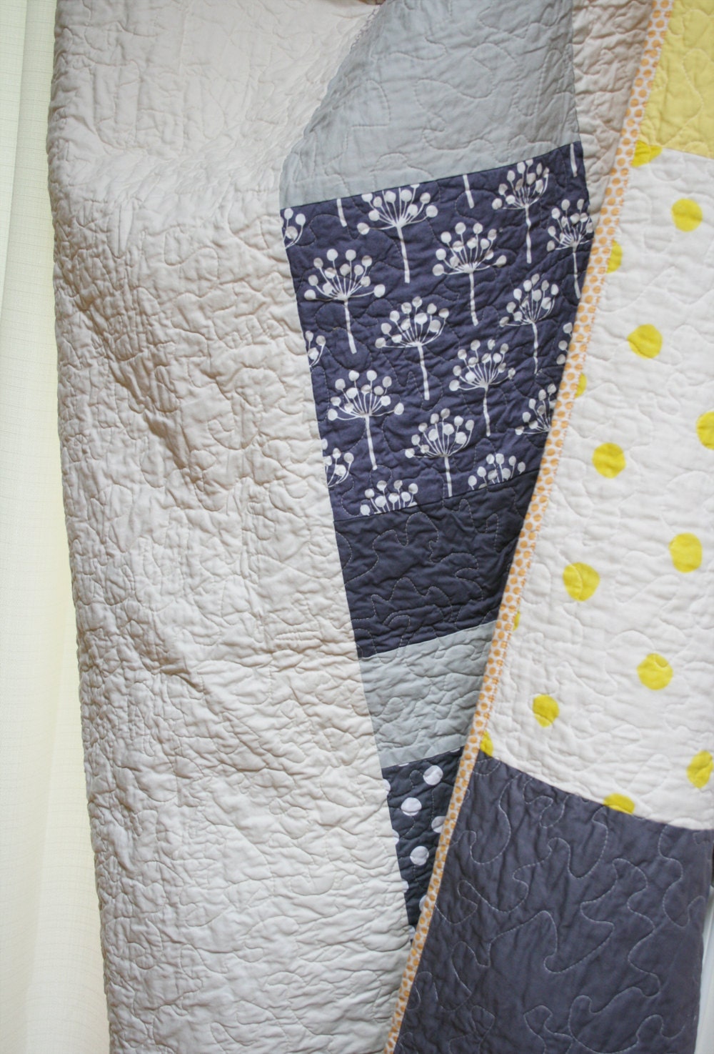 Large lap quilt or twin bed cover- grey and yellow with elephants, dots and stripes