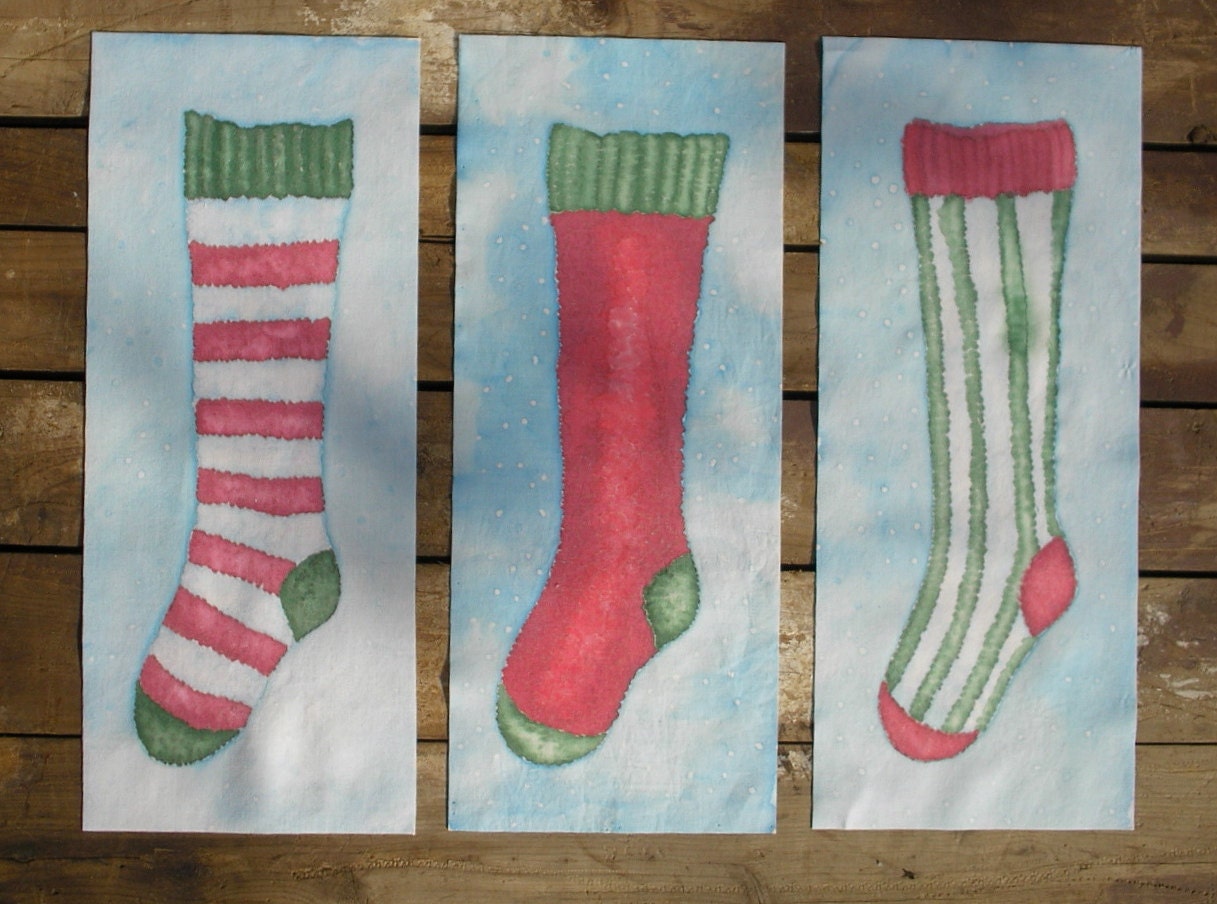 Christmas Stocking Quilt Blocks Hand Painted on Cotton - by paintedquilts - QuiltsyTeam