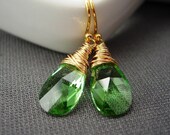 SALE Lime Green and Gold Earrings, Wire Wrapped Swarovski Peridot Green Crystals. Lime.