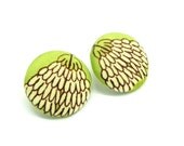 20% off Spring Sale - Fabric Button Earrings - Chartreuse and brown - Gold plated post