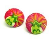 20% off Spring Sale - Fabric Button Earrings - Red, cream and green Flowers - Gold plated post