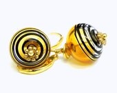 20% off Spring Sale - Topaz and Black swirls Lampwork Beads Earrings - 14K gold leverback earwires
