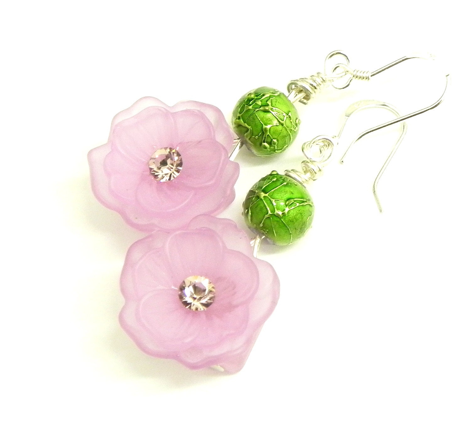 20% off Spring Sale - Lucite Flower Earrings - Pink Swarovski daisies and green miracle beads- Sterling Silver earwires