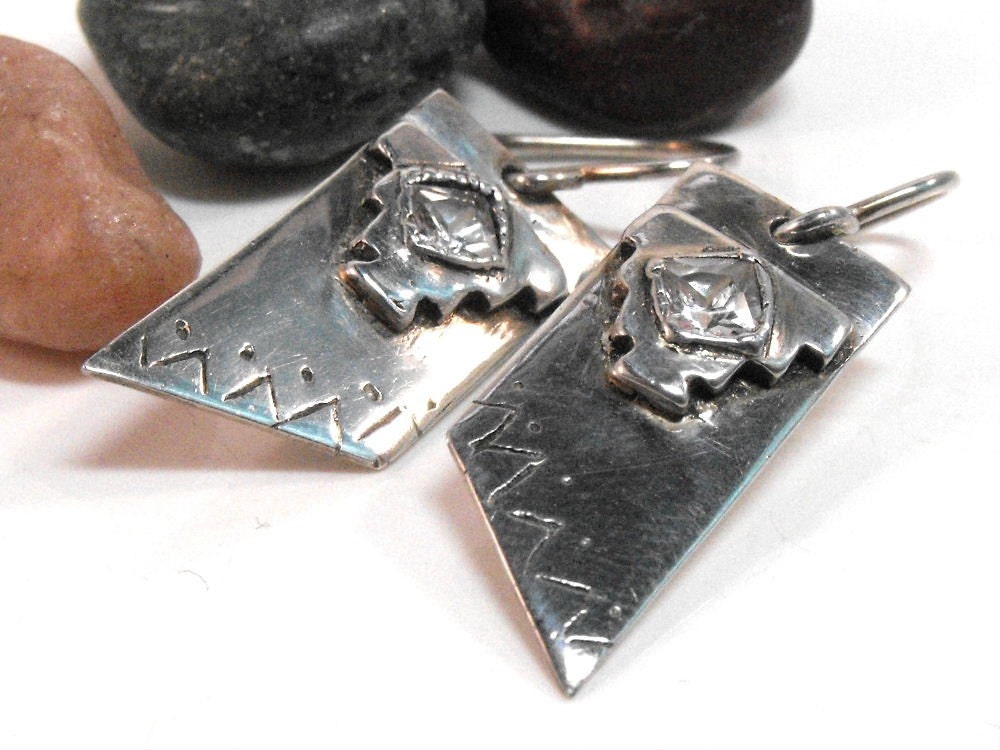 Aztec Fine Silver Earrings Dangle Rectangles Signity CZ