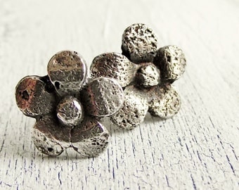 Fine Silver Post Earrings  Primitive Spring Flower Metal Clay