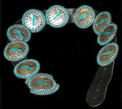 Vintage 1970s Old Pawn Sterling Silver Turquoise Concho Belt Native American Zuni