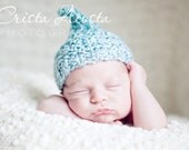 Knitted Kiss Elf Hat for Newborn Baby, Aqua Blue White Acrylic Yarn, Photography Prop