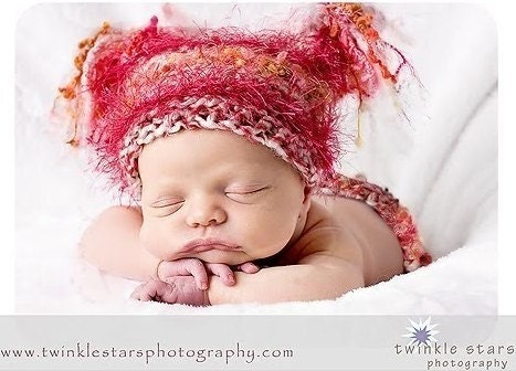 Crocheted Jester Hat For Newborn Baby in Pink and Peach Accents on White and Pink Yarn, Photography Prop