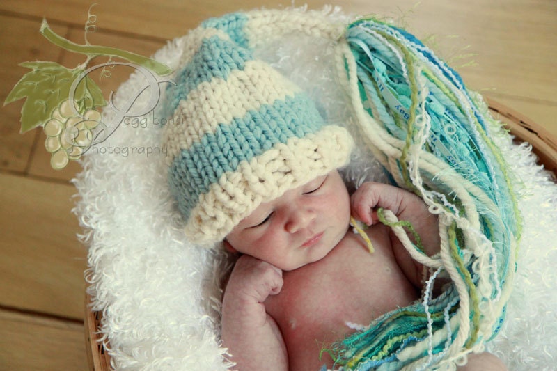Knit Bulky Blue and White Hat for Baby with Large Multi Blue Tassel, Photography Prop