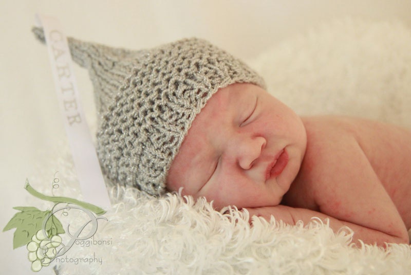 PENSONALIZED BABY HAT - Hershey's Kiss Hat for Baby with Personalized Ribbon, Soft Light Silver Grey Metallic Yarn, Photography Prop