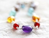 Gemstone Bracelet, Colorful Amber, Orange, Purple, Blue Stone Nugget Sterling Silver Wire Wrapped Bracelet - Summer Fashion - Confetti