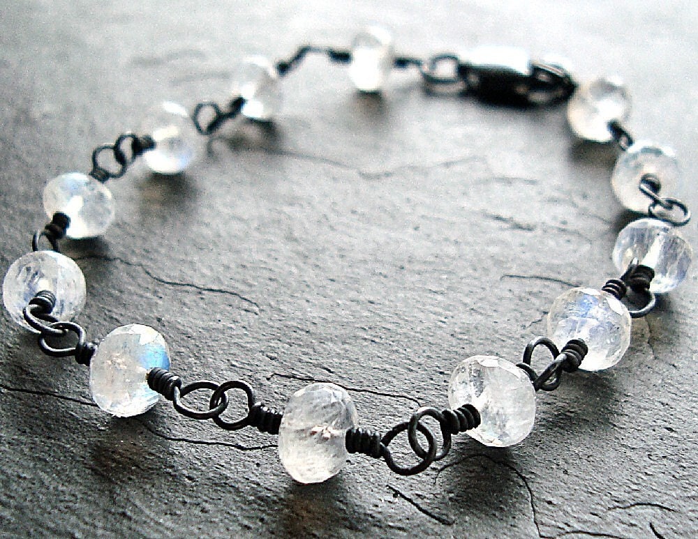Moonstone Bracelet, Rainbow Moonstone Oxidized Sterling Silver Wire Wrapped Bracelet - Twilight