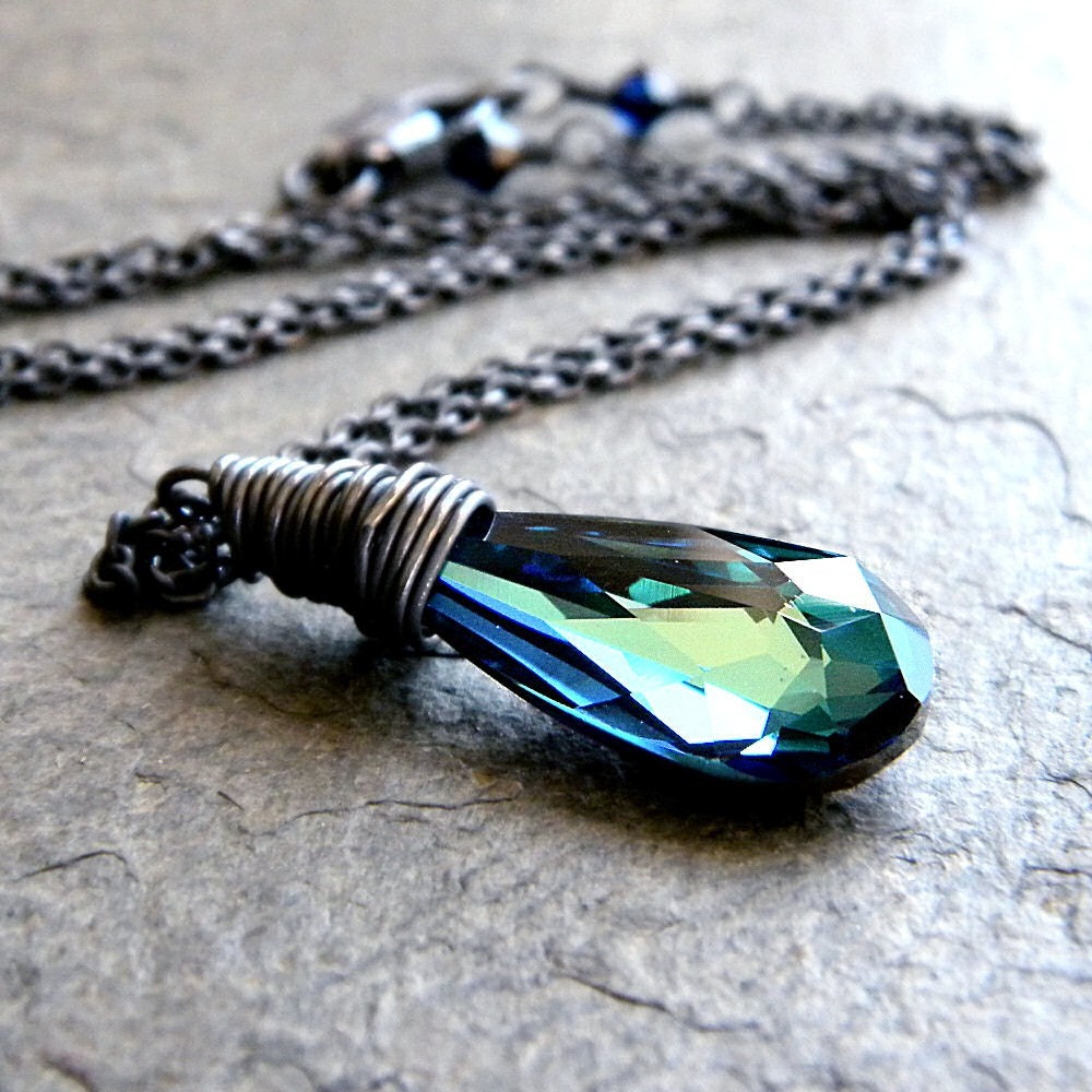 Peacock Crystal Necklace, Teal Blue Green Swarovski Crystal Oxidized Sterling Silver Pendant Necklace Women's Jewelry - Sorceress