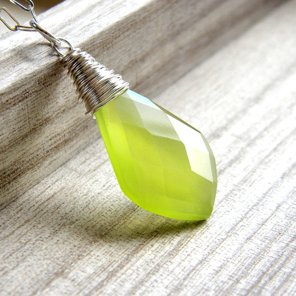 Lime Green Chalcedony Briolette Bright Chartreuse Sterling Silver Necklace - Go Fly A Kite
