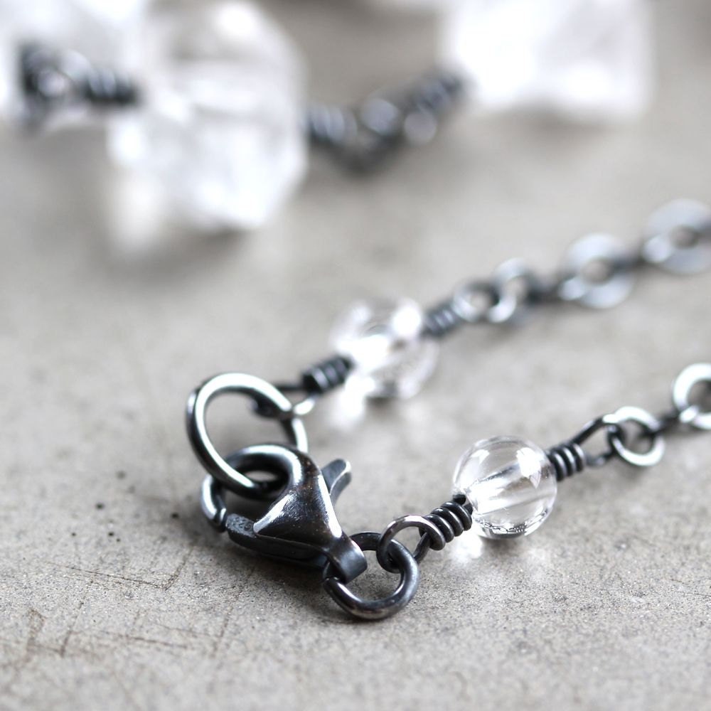 Herkimer Diamond Necklace, Ice Clear Quartz Oxidized Sterling Silver Necklace - In the Rough