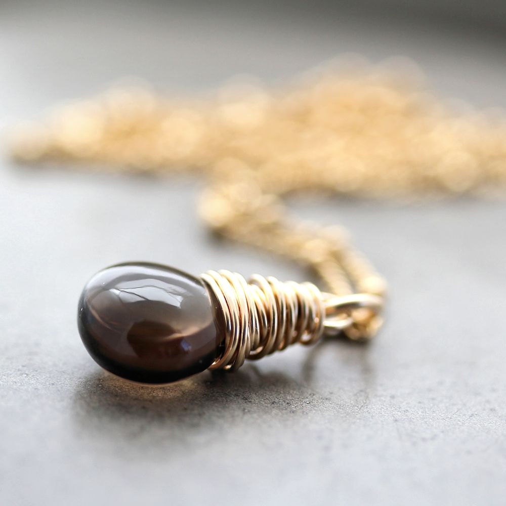 Smoky Quartz Necklace, Chocolate Brown Smoky Quartz 14k Gold Filled Wire Wrapped Necklace Gold Jewelry - Buttered Toast