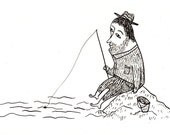 Fishing /Original black and white ink drawing / original drawing / fish