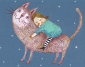 Dream come True / Original Illustration / Cute cat / Hugging cute animals / Dark blue background / Small child