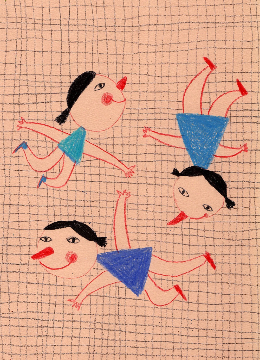 Girls in plaid / Pattern / Sweet girls / Original Illustration/ Red / Children illustration / Fun / Sweet girls / Magic time / Blue dress